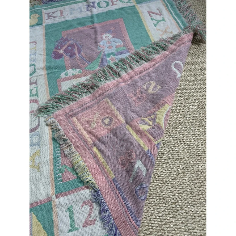 Vintage ABC Alphabet Numbers Teddy Bear Woven Tapestry Throw Blanket Pastel baby